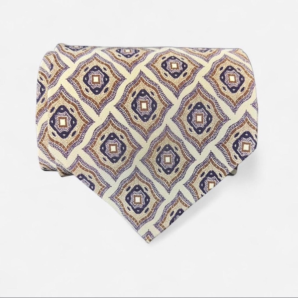 Giorgio Armani Cravatte 100% Silk Tie Beige Blue Brown Geometric